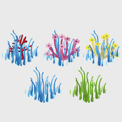 Five icons with blue and green grass 