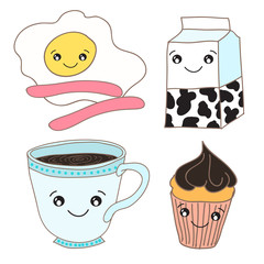 Hand drawn coffee cup, milk, egg and cupcake