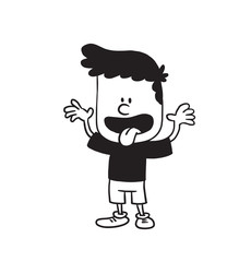 Vector cartoon image of a cute little boy in shorts and t-shirt standing, grimacing and showing tongue on a white background. Made in a monochrome style. Positive character. Vector illustration.