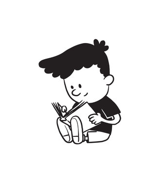 Vector cartoon image of a cute little boy in shorts and t-shirt sitting and reading a book on a white background. Made in a monochrome style. Positive character. Vector illustration.
