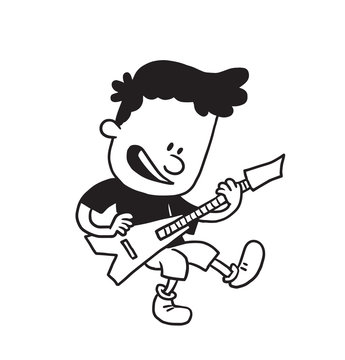 Vector cartoon image of a cute little boy in shorts and t-shirt standing, smiling and playing the guitar on a white background. Made in a monochrome style. Positive character. Vector illustration.