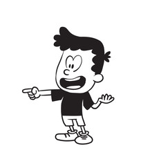 Vector cartoon image of a cute little boy in shorts and t-shirt smiling and pointing the finger at something on a white background. Made in a monochrome style. Positive character. Vector illustration.