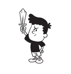 Vector cartoon image of a cute little boy in shorts and t-shirt standing with raised wooden sword in his hand on a white background. Made in a monochrome style. Positive character. Vector illustration
