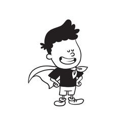 Vector cartoon image of a cute little boy in shorts, t-shirt and cloak standing and smiling like a superhero on a white background. Made in a monochrome style. Positive character. Vector illustration.