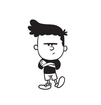 Vector cartoon image of a cute little angry boy in shorts and t-shirt standing with his arms crossed on a white background. Made in a monochrome style. Positive character. Vector illustration.