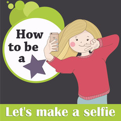 Advertisement picture girl doing selfie. Blonde girl with the phone smiling. She's a star.