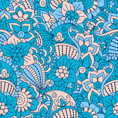 Hand drawn seamless pattern with floral elements. Colorful ethnic background. Pattern can be used for fabric, wallpaper or wrapping.