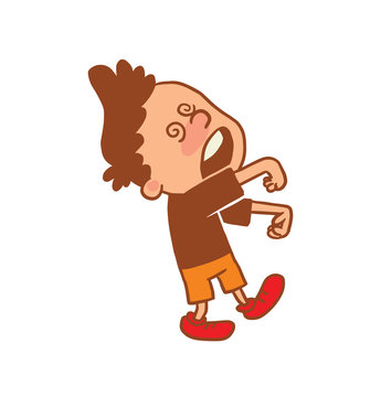 Vector cartoon image of cute little boy in orange shorts and t-shirt walking like a zombie under hypnosis on white background. Color image with brown tracings. Positive character. Vector illustration.