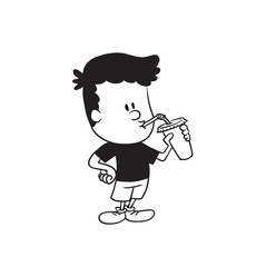 Vector cartoon image of a cute little boy in shorts and t-shirt standing and drinking from a cup with a straw on a white background. Made in a monochrome style. Positive character. Vector illustration