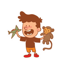 Vector cartoon image of a cute little boy in orange shorts and brown t-shirt with toys monkey and plane on white background. Color image with a brown tracings. Positive character. Vector illustration.