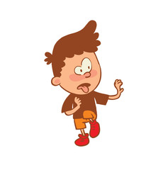 Vector cartoon image of a cute little boy in orange shorts, brown t-shirt standing with disgust on face on white background. Color image with a brown tracings. Positive character. Vector illustration.
