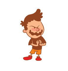 Fototapeta premium Vector cartoon image of a cute little boy in orange shorts, t-shirt with an ominous expression on face on a white background. Color image with a brown tracings. Positive character. Vector illustration