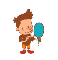 Vector cartoon image of a cute little boy in shorts and t-shirt wants to burst the balloon with a needle on white background. Color image with a brown tracings. Positive character. Vector illustration
