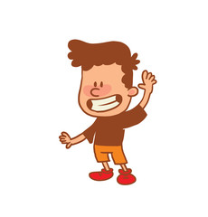 Vector cartoon image of a cute little boy in orange shorts and brown t-shirt smiling and waving his hand on white background. Color image with a brown tracings. Positive character. Vector illustration