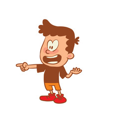 Vector cartoon image of a cute little boy in orange shorts and t-shirt pointing the finger at something on white background. Color image with a brown tracings. Positive character. Vector illustration.