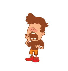 Vector cartoon image of a cute little boy in orange shorts and brown t-shirt standing, bored and yawning on white background. Color image with a brown tracings. Positive character. Vector illustration