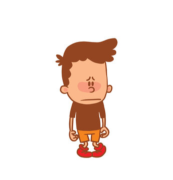 Vector cartoon image of a cute little boy in orange shorts, brown t-shirt standing and feeling his guilty on white background. Color image with brown tracings. Positive character. Vector illustration.