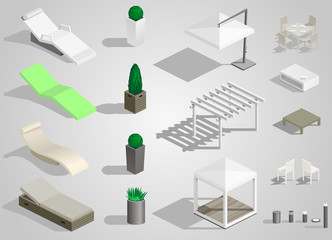 Set of street furniture for parks and recreation areas in vector graphics