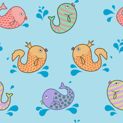 Obraz premium Pattern of splashing fish on a blue background