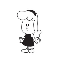 Vector cartoon image of a cute little girl with long wavy hair in dress standing and smiling on a white background. Made in a monochrome style. Positive character. Vector illustration.
