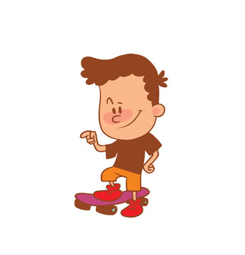 Vector cartoon image of a cute little boy in orange shorts and brown t-shirt standing with one foot on a skateboard on a white background. Color image with a brown tracings. Positive character.