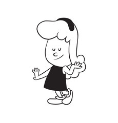 Vector cartoon image of a cute little girl with wavy hair in dress standing and coquetting on a white background. Made in a monochrome style. Positive character. Vector illustration.