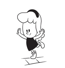 Vector cartoon image of a cute little girl with wavy hair in a dress jumping on one leg and smiling on a white background. Made in a monochrome style. Positive character. Vector illustration.
