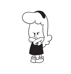 Vector cartoon image of a cute little angry girl with wavy hair in a dress standing with her arms crossed on a white background. Made in a monochrome style. Positive character. Vector illustration.