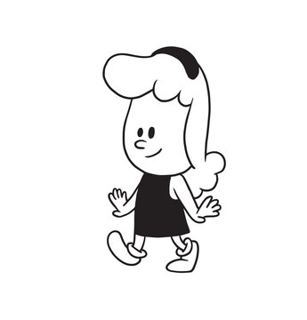 Vector cartoon image of a cute little girl with wavy hair in a dress walking and smiling on a white background. Made in a monochrome style. Positive character. Vector illustration.