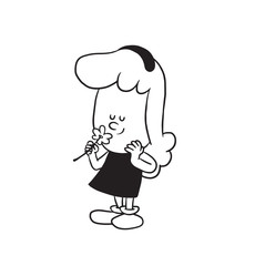 Vector cartoon image of a cute little girl. Little girl with wavy hair. Little girl is smelling a flower on a white background. Cartoon little girl in a monochrome style. Vector illustration of girl.