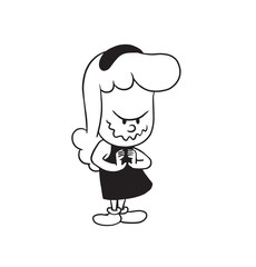 Vector cartoon image of a little girl. Little girl with wavy hair. Little evil girl is rubbing her hands on a white background. Cartoon little girl in a monochrome style. Vector illustration of girl.