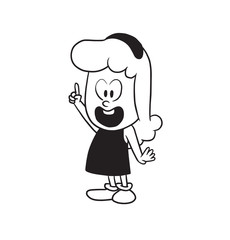 Vector cartoon image of a cute little girl. Little girl with wavy hair. Little girl is pointing finger up on a white background. Cartoon little girl in a monochrome style. Vector illustration of girl.
