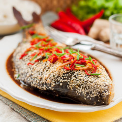 Asian Style Baked Fish With Chili, Ginger and Soy Sauce Dressing