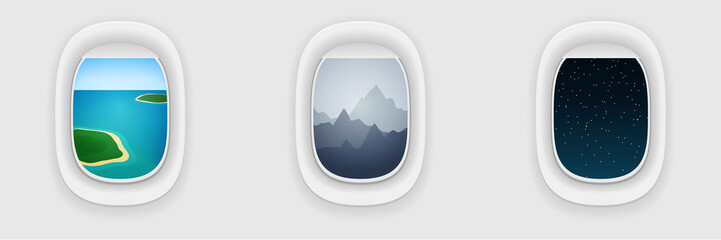 Window of airplane, long flight concept. Vacation, traveling template.