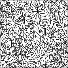 Stained-glass window from a flower and vegetable ornament. Black