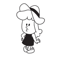 Vector cartoon image of a cute little girl. Little girl with wavy hair. Little girl in a hat to show off on a white background. Cartoon little girl in a monochrome style. Vector illustration of girl.