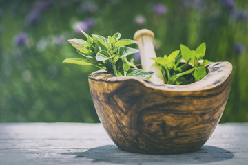 Herbs - Fresh herbs in a mortar (filtered)
