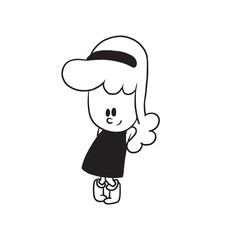 Vector cartoon image of a cute little girl. Little girl with wavy hair. Little girl is standing modestly on a white background. Cartoon little girl in a monochrome style. Vector illustration of girl.