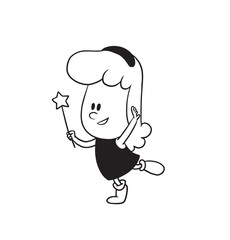 Vector cartoon image of a cute little girl. Little girl with wavy hair. Little girl with magic wand in hand on white background. Cartoon little girl in a monochrome style. Vector illustration of girl.