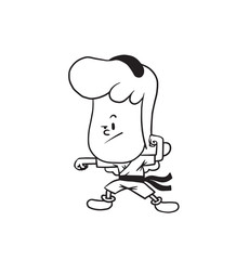 Vector cartoon image of a cute little girl. Little girl with wavy hair. Little girl is engaged in karate on a white background. Cartoon little girl in a monochrome style. Vector illustration of girl.