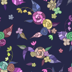 Bright multi-colored pattern of flowers, leaves, shells