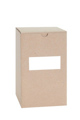 Brown paper box with blank label isolated on white background