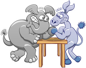 Aggressive donkey and elephant posing their elbows on a small table, staring at each other, clenching their teeth and confronting their strength by practicing arm wrestling