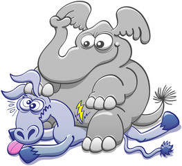 Mischievous elephant having pleasure at sitting on a donkey and crushing it. The donkey expresses its pain by crossing its eyes, sticking its tongue out and showing a lightning bolt