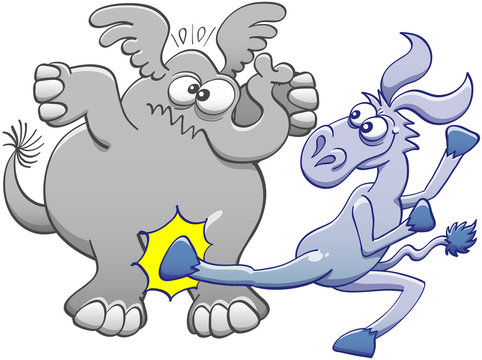 Mischievous donkey doing a violent back kick to hit the pelvis of a chubby elephant. The elephant expresses its pain by crossing its eyes, raising its ears and clenching its mouth