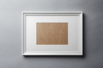 White plain empty  wood picture frame with white mat passe-partout on grey bricks background