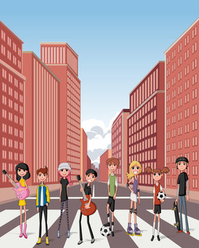 Group of cartoon young people. Teenagers in the street of downtown city with buildings
