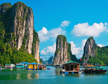 Floating village and rock islands in Halong Bay