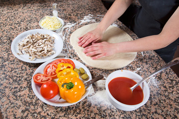 Ingredients For Making Vegetarian Pizza On Marble Table Closeup