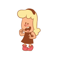 Vector color cartoon image of a cute little girl. Little girl with blonde hair. Little girl is standing showing disgust on white background. Color image with brown tracings. Vector cartoon little girl